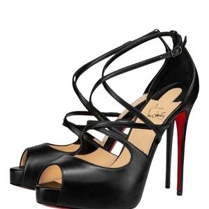 Christian Louboutin Black Strappy Peep-Toe Platform Stilettos with Red Sole